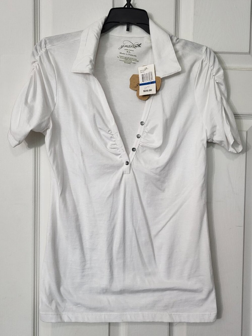 Grane Womens XL White Collared Henley VNeck Top Puff Sleeve Stretch NWT